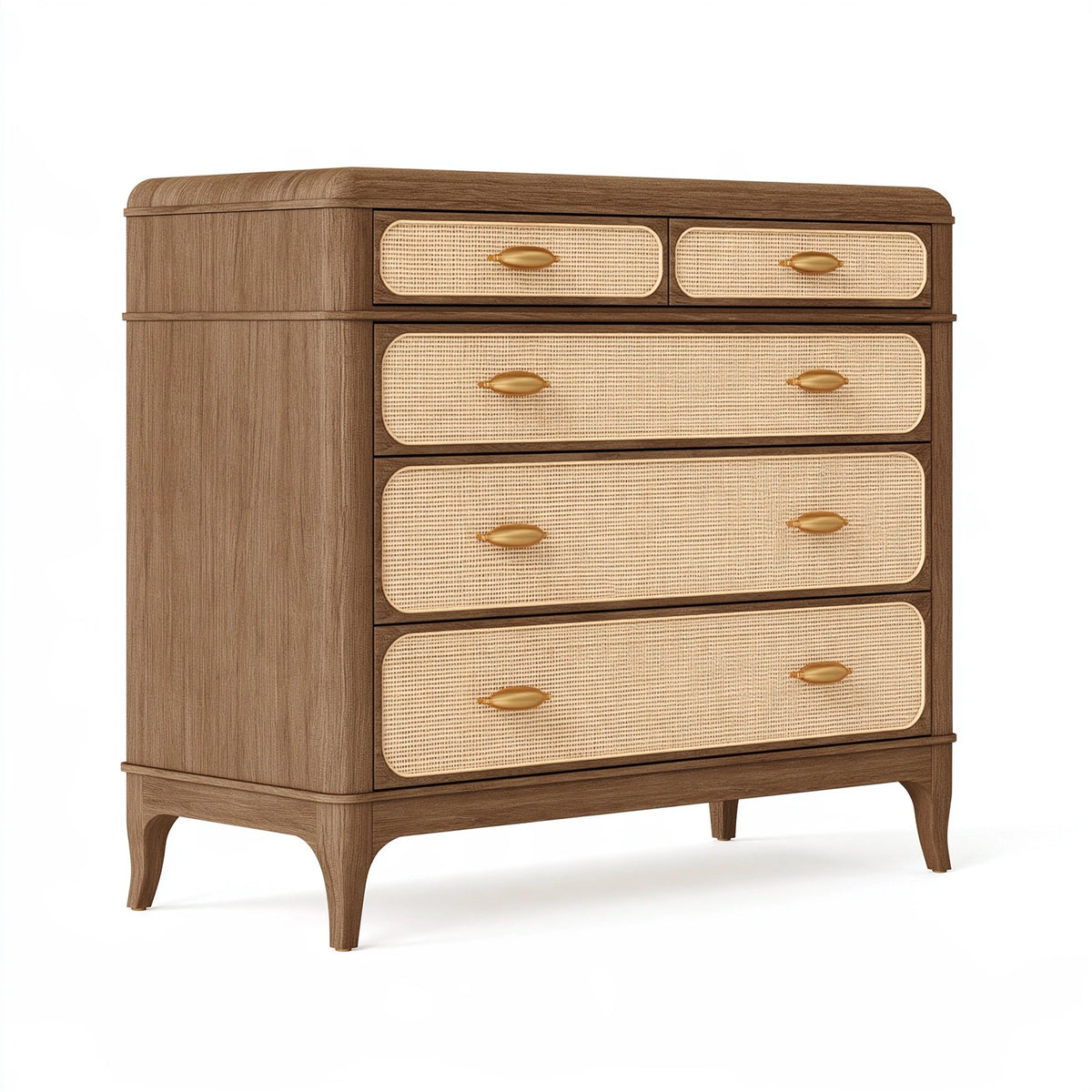 Cassettiera 100 x 45 x 120 cm in legno marrone con rattan - stile retrò a 5 cassetti