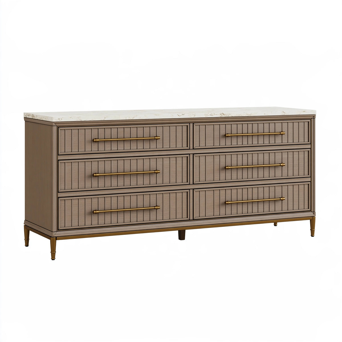 Cassettiera 160x45x90 cm in legno grigio tortora con piano effetto marmo e 6 cassetti stile moderno