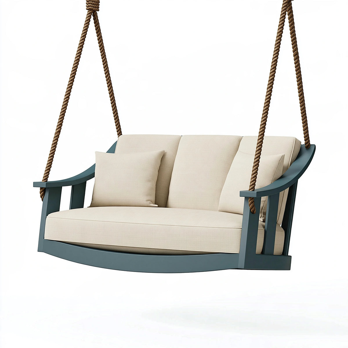Dondolo sospeso 150 x 75 x 180 cm in legno e corda beige blu per esterno stile moderno
