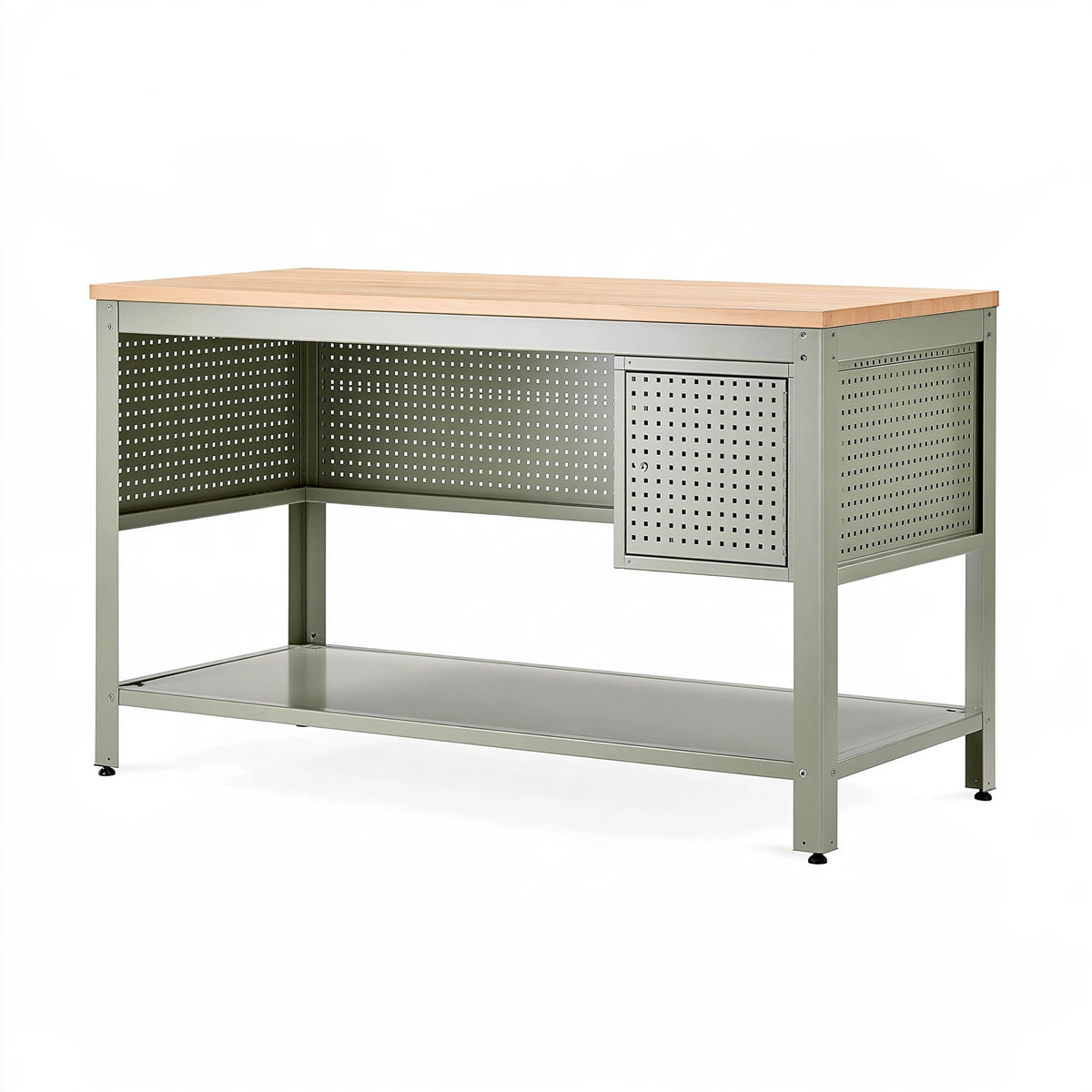 Banco da lavoro 120 x 60 x 90 cm in acciaio e legno verde oliva con ripiano e anta