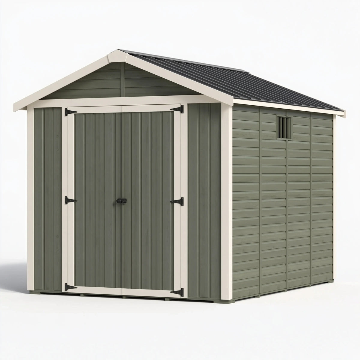 Casetta da giardino 240 x 180 x 210 cm in resina verde salvia con doppia porta e finestra