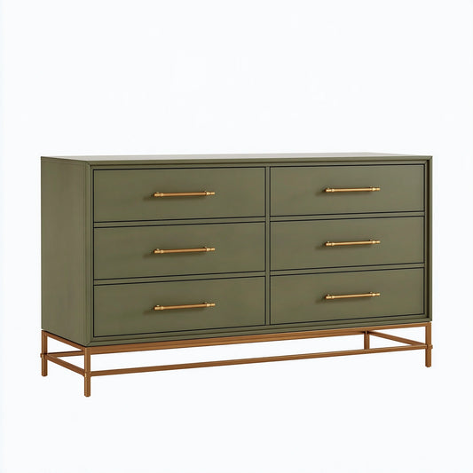 Cassettiera 150 x 45 x 90 cm in legno verde oliva con struttura in metallo dorato - 6 cassetti stile moderno