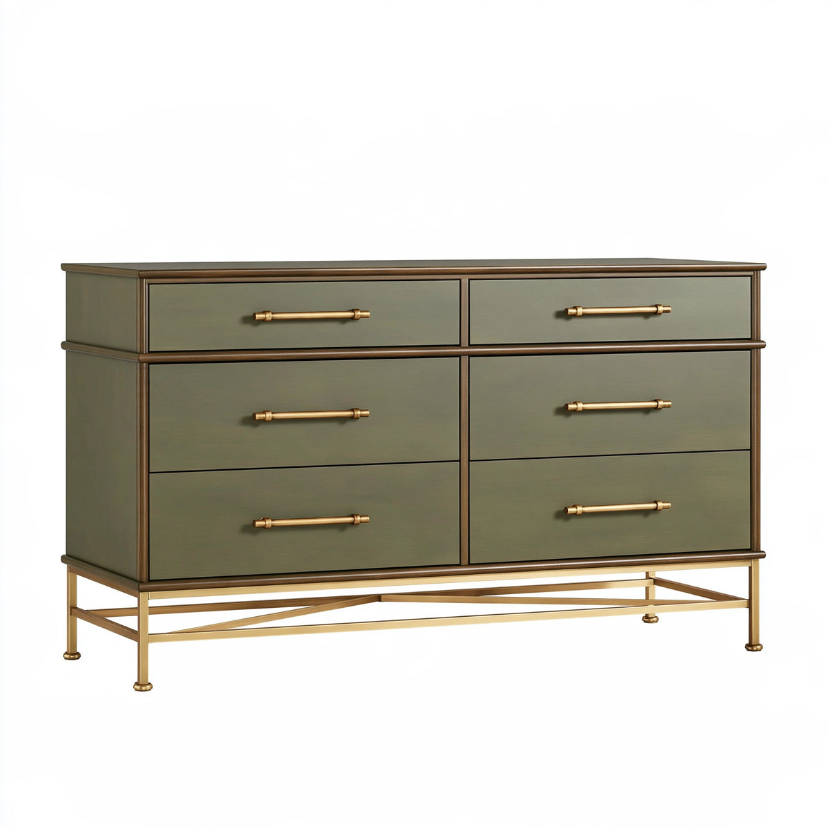 Cassettiera 150 x 45 x 90 cm in legno verde oliva con base in metallo dorato - 6 cassetti stile classico