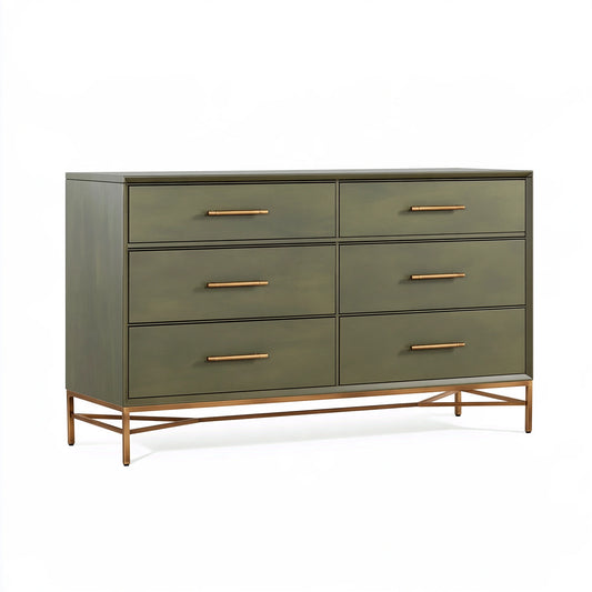 Cassettiera 150 x 45 x 100 cm in legno verde oliva con struttura metallica a 6 cassetti stile moderno