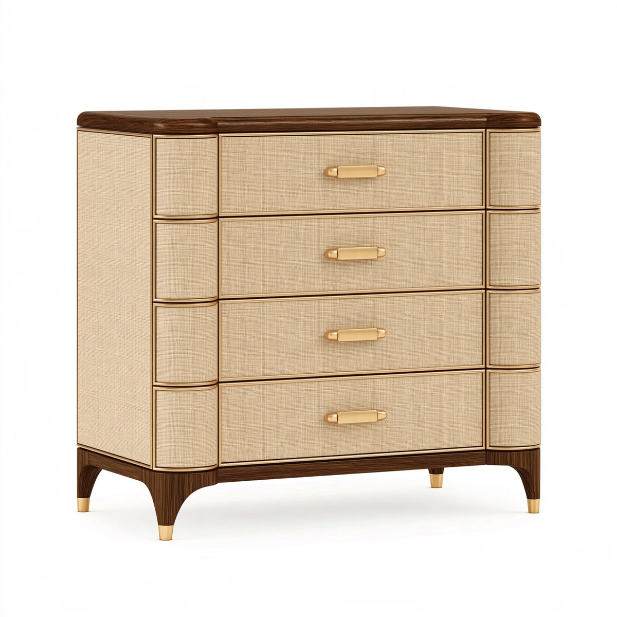 Cassettiera 100 x 45 x 120 cm in legno marrone e rattan beige - 4 cassetti stile retrò