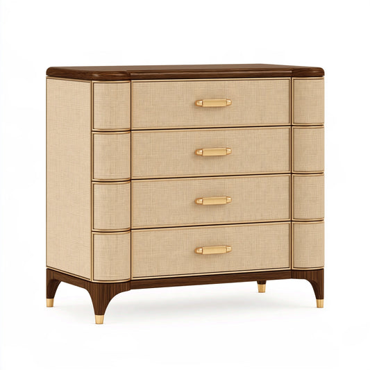 Cassettiera 100 x 45 x 120 cm in legno marrone e rattan beige - 4 cassetti stile retrò