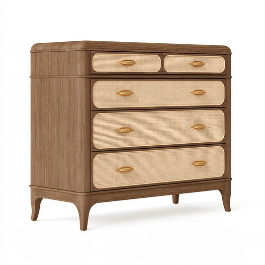 Cassettiera 100 x 45 x 120 cm in legno marrone con rattan - stile retrò a 5 cassetti