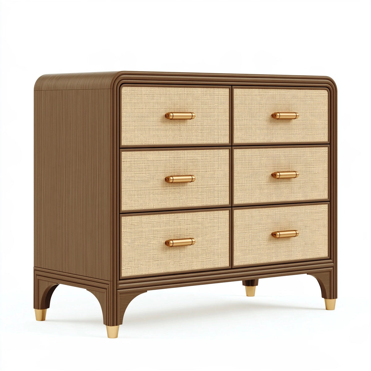 Cassettiera 120 x 45 x 95 cm in legno marrone con rattan e sei cassetti stile vintage
