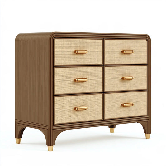 Cassettiera 120 x 45 x 95 cm in legno marrone con rattan e sei cassetti stile vintage