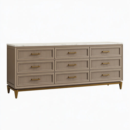 Cassettiera 180 x 50 x 90 cm in legno grigio tortora con piano effetto marmo - 9 cassetti stile moderno