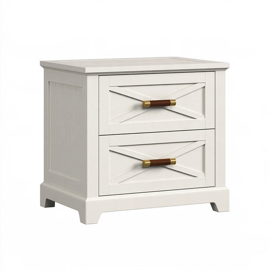 Comodino 60 x 40 x 60 cm in legno bianco con 2 cassetti stile rustico