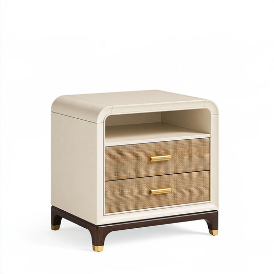 Comodino 50 x 40 x 60 cm in legno beige con cassetti in rattan stile moderno