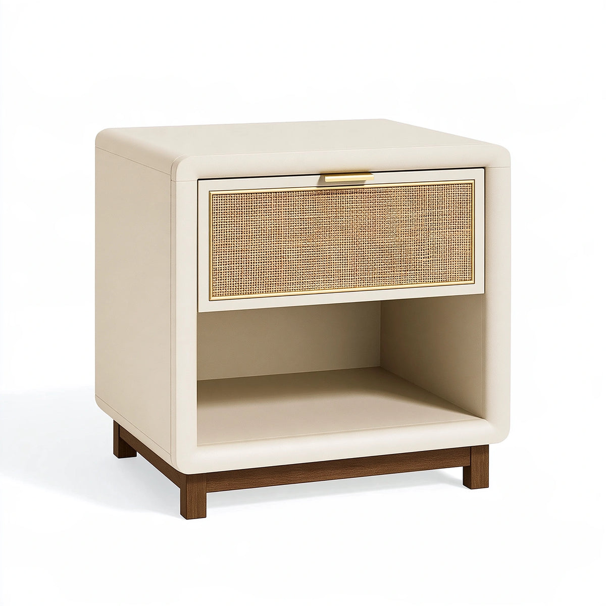 Comodino 50 x 40 x 60 cm color crema con anta intrecciata e gambe in legno - stile moderno