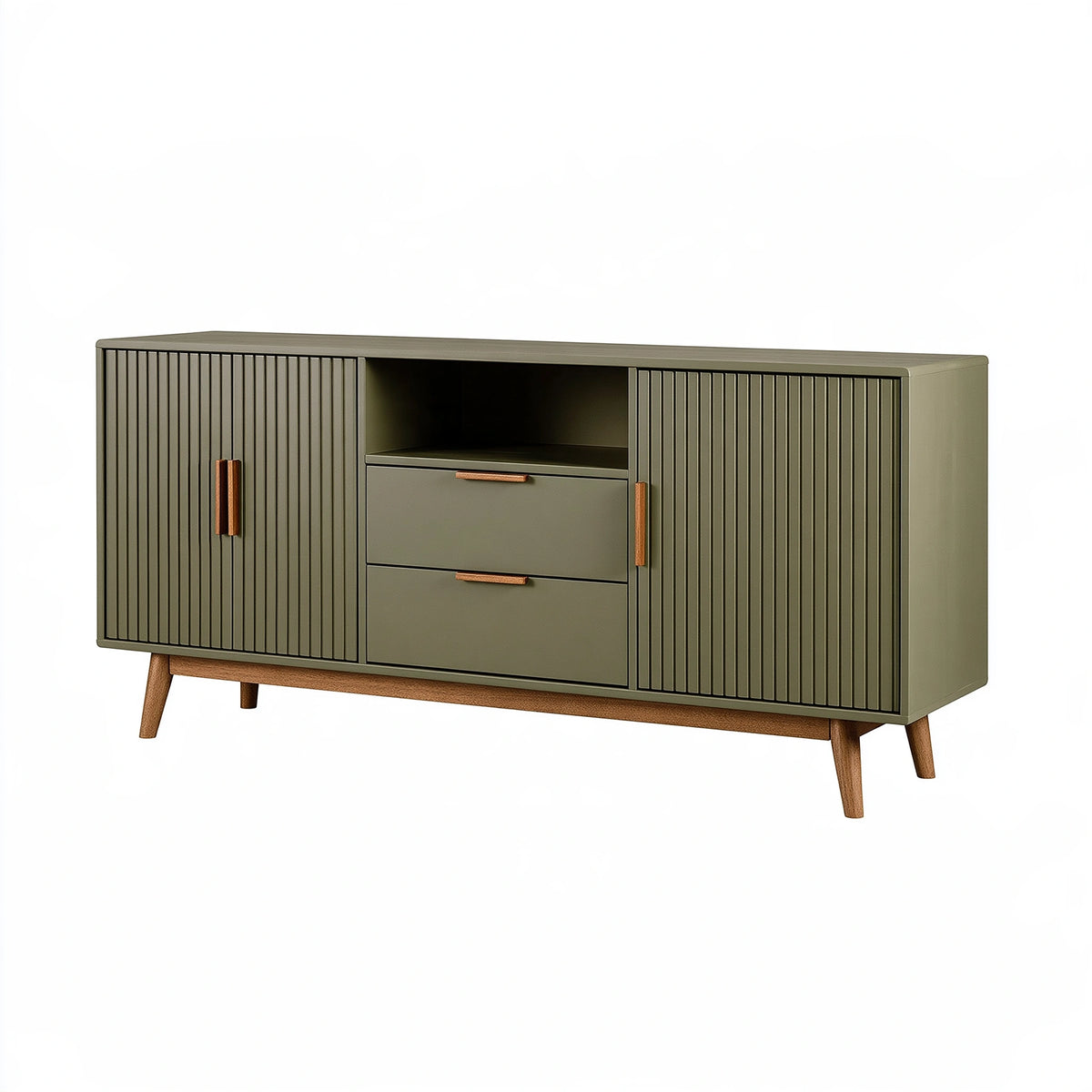 Credenza 160 x 40 x 80 cm in legno verde oliva con ante scanalate stile moderno