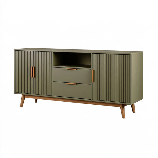 Credenza 160 x 40 x 80 cm in legno verde oliva con ante scanalate stile moderno