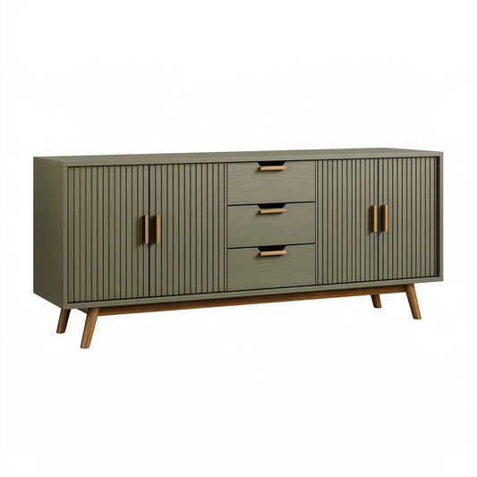 Credenza 180 x 45 x 85 cm in legno verde oliva con ante scanalate e cassetti stile moderno