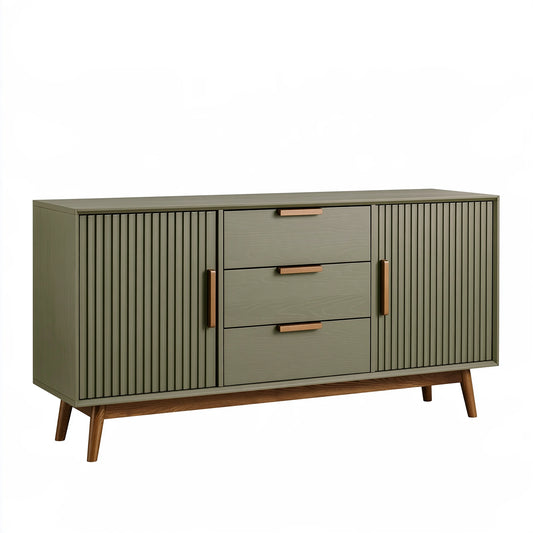 Credenza 160 x 45 x 90 cm in legno verde oliva con 3 cassetti e 2 ante scanalate stile moderno