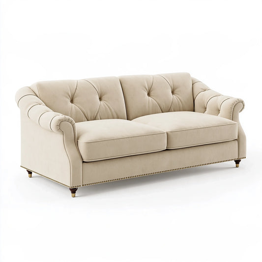 Divano 2 posti 175 x 92 x 92 cm in tessuto beige stile classico con schienale capitonné