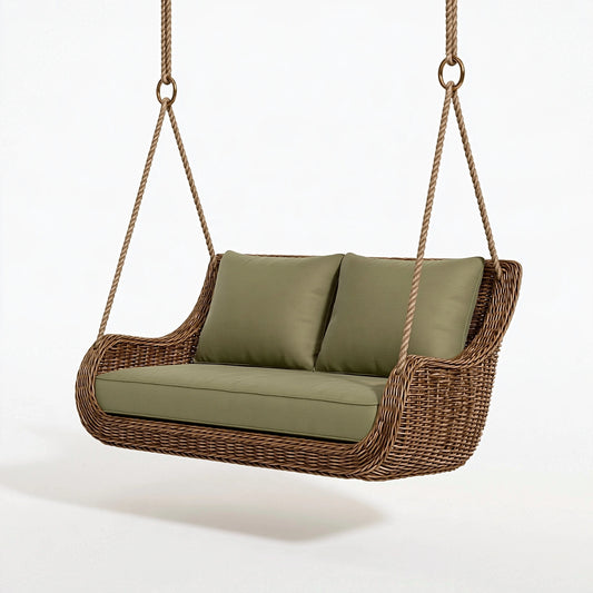 Dondolo sospeso 130 x 75 x 115 cm in fibra intrecciata marrone con seduta verde stile naturale da esterno
