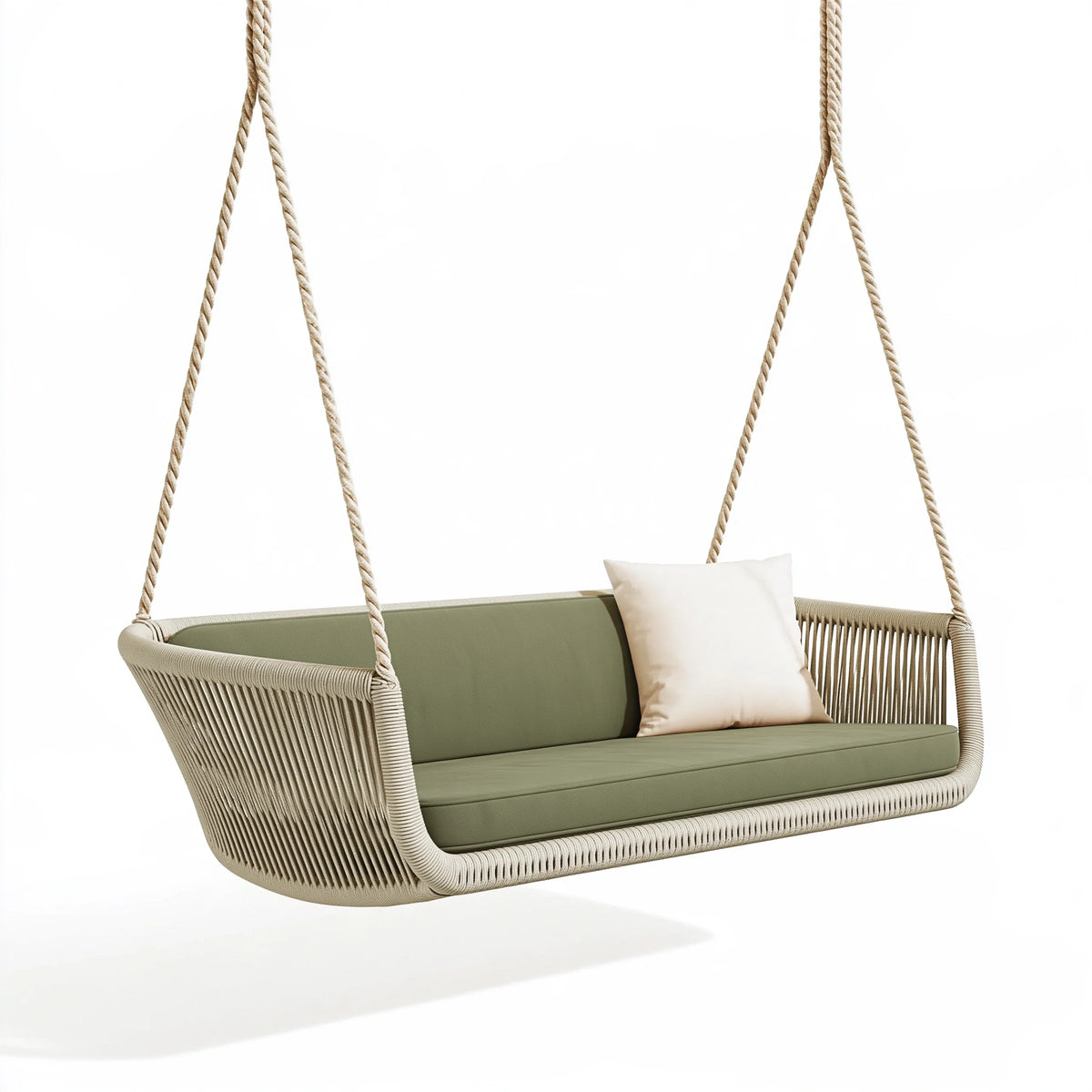 Divano sospeso 140 x 75 x 65 cm in corda beige e tessuto verde per esterni