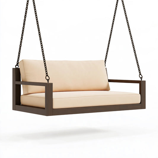 Dondolo sospeso 130 x 70 x 55 cm in legno marrone e tessuto beige da giardino stile moderno