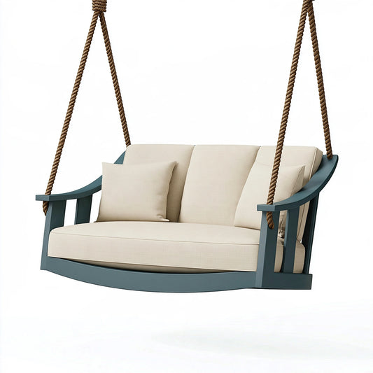 Dondolo sospeso 150 x 75 x 180 cm in legno e corda beige blu per esterno stile moderno