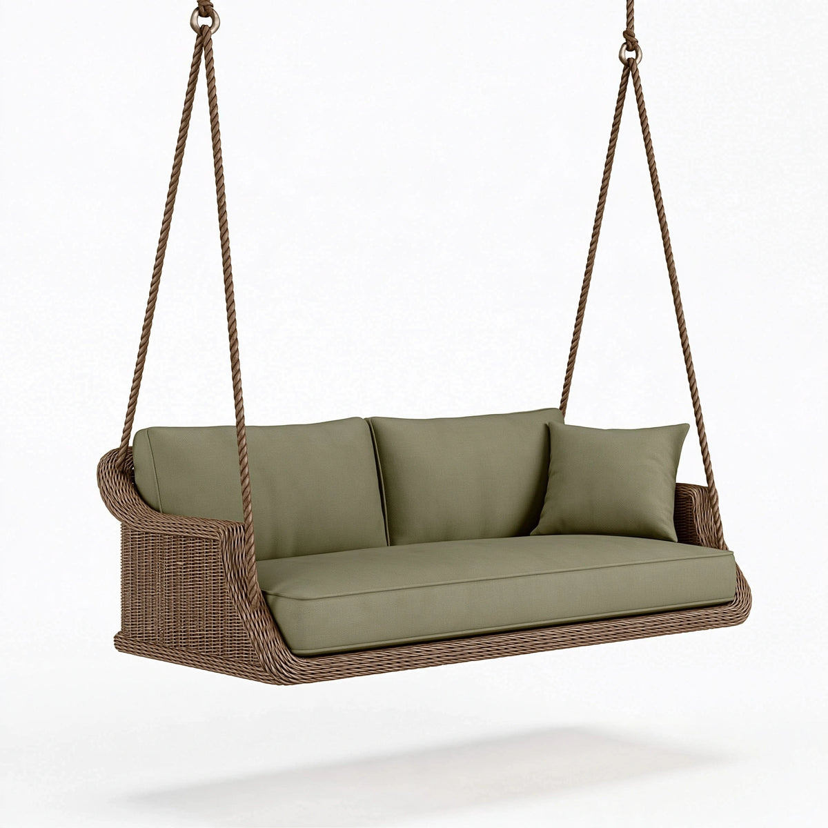 Divano sospeso 140 x 70 x 65 cm in intreccio effetto rattan verde oliva per esterno