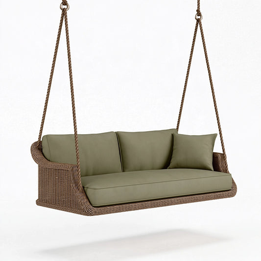 Divano sospeso 140 x 70 x 65 cm in intreccio effetto rattan verde oliva per esterno