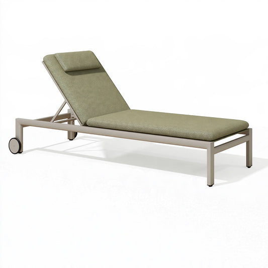 Lettino prendisole 200 x 70 x 85 cm in tessuto verde salvia con struttura metallica reclinabile e ruote