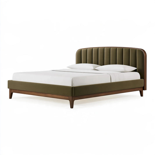Letto matrimoniale 160 x 200 cm in legno e tessuto verde oliva - testiera imbottita a canali