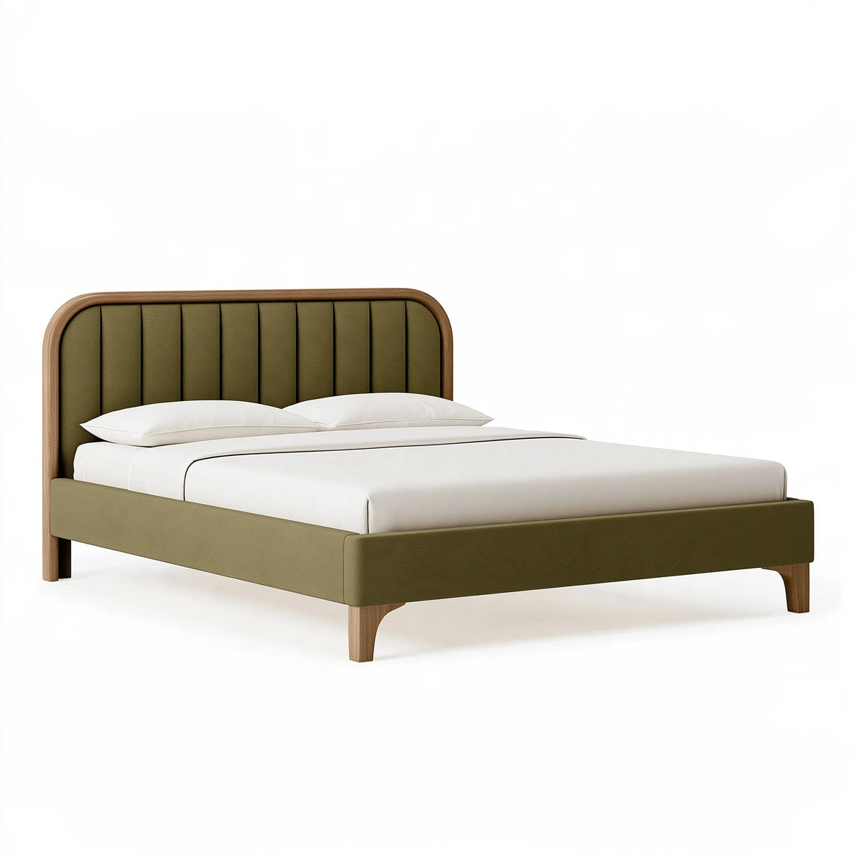 Letto matrimoniale 160 x 200 cm in tessuto verde oliva e legno - testiera imbottita a canali stile moderno
