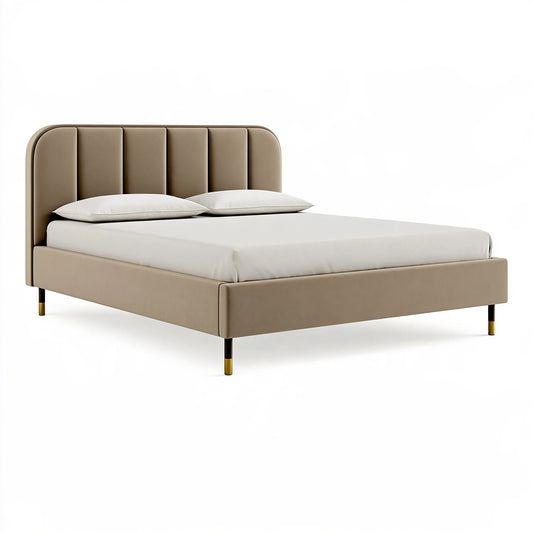 Letto matrimoniale 160 x 200 cm imbottito in tessuto beige - testiera a pannelli e piedi in metallo