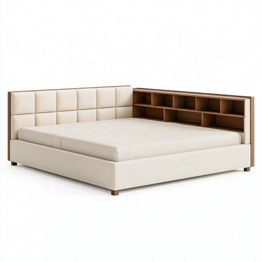 Letto matrimoniale 180 x 200 cm in tessuto beige e legno con libreria integrata moderno