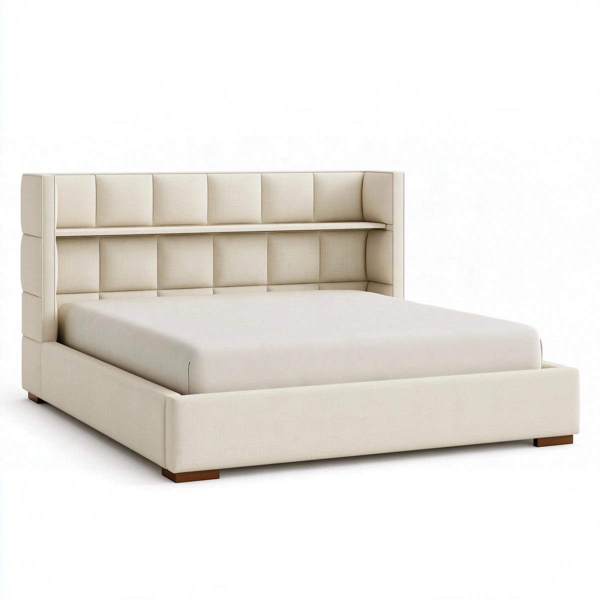 Letto matrimoniale 160 x 200 cm in tessuto crema con testiera imbottita a pannelli