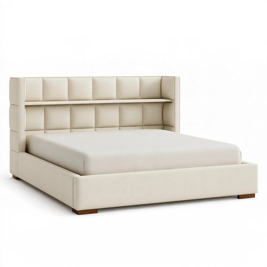 Letto matrimoniale 160 x 200 cm in tessuto crema con testiera imbottita a pannelli