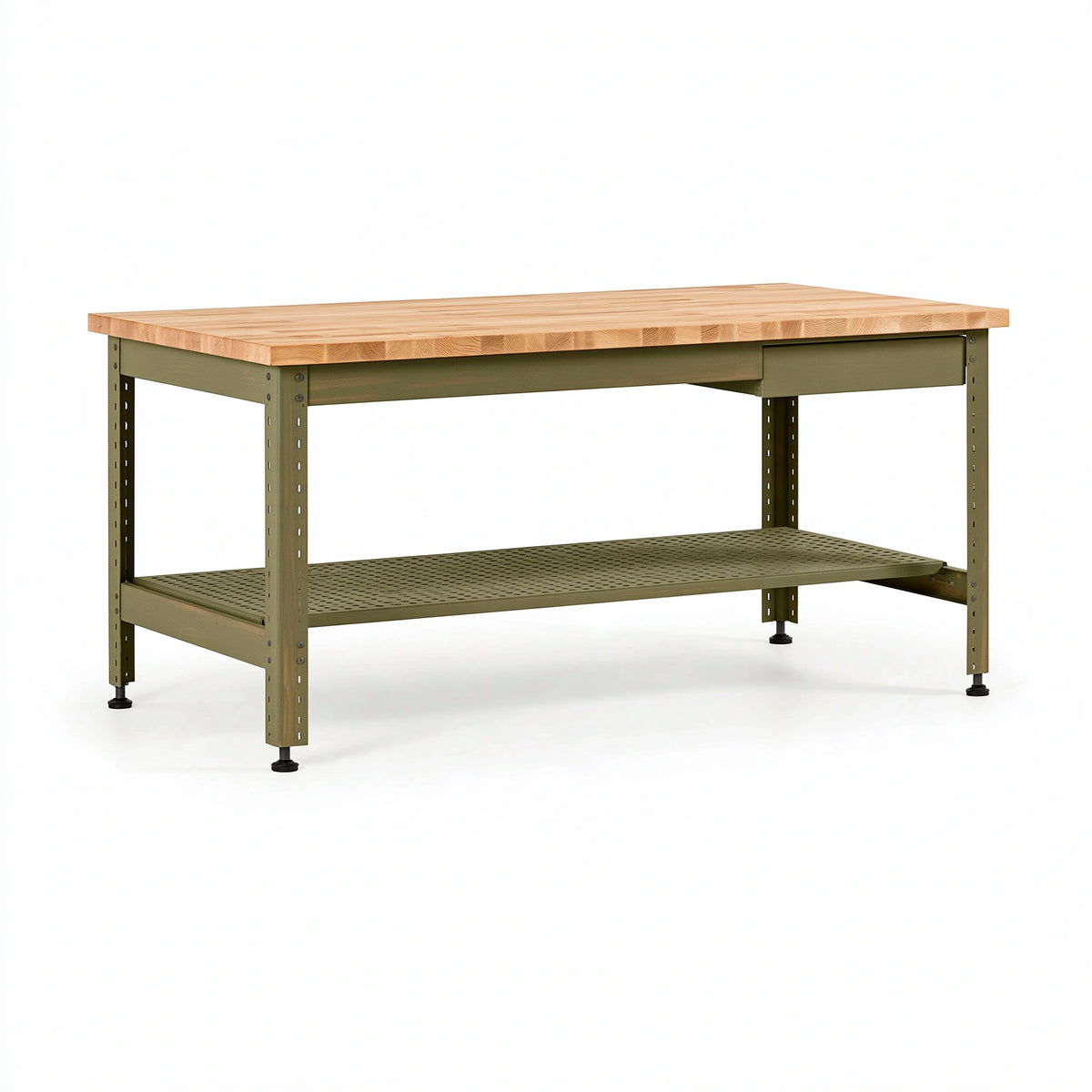 Banco da lavoro 120 x 60 x 90 cm in legno e metallo verde con ripiano perforato stile industriale