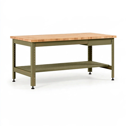 Banco da lavoro 120 x 60 x 90 cm in legno e metallo verde con ripiano perforato stile industriale