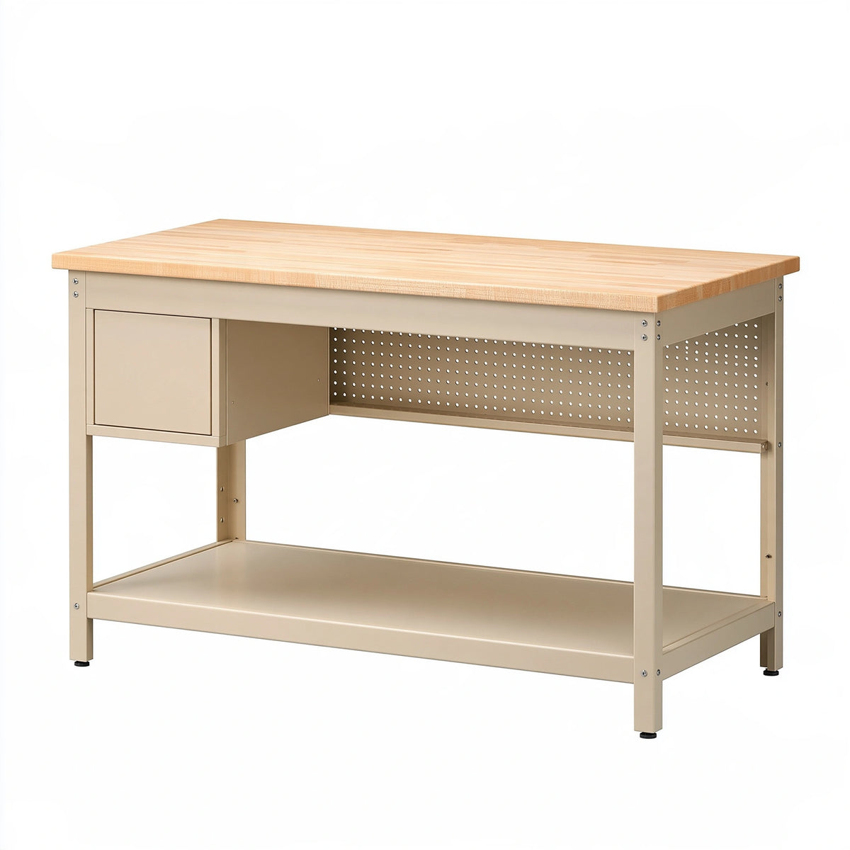 Banco da lavoro 120 x 60 x 90 cm in acciaio e legno beige con vano contenitore
