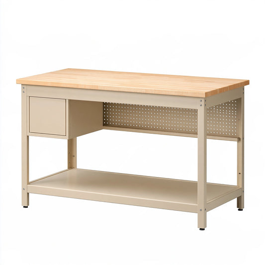 Banco da lavoro 120 x 60 x 90 cm in acciaio e legno beige con vano contenitore