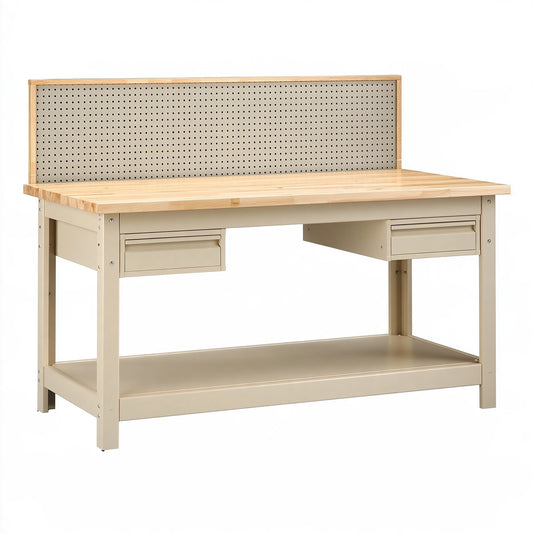 Banco da lavoro 120 x 60 x 150 cm in metallo e legno beige con pannello portautensili e cassetti