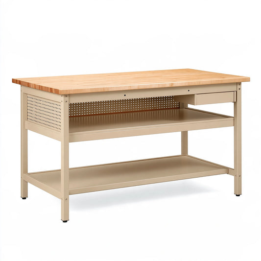 Banco da lavoro 120 x 60 x 90 cm in legno e metallo beige con cassetto e ripiani