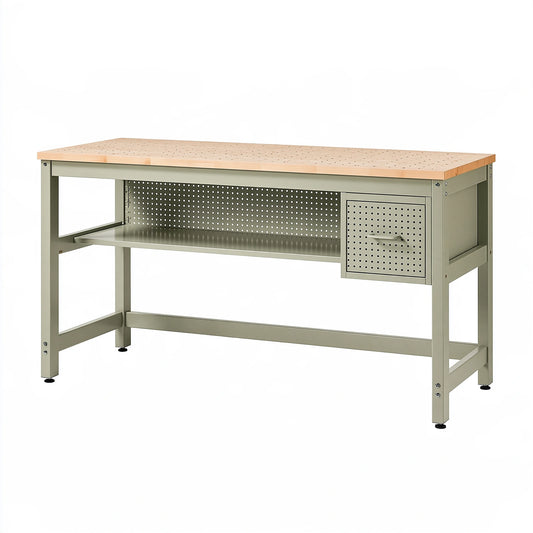 Banco da lavoro 120 x 60 x 90 cm in acciaio e legno naturale verde salvia con piano forato e armadietto