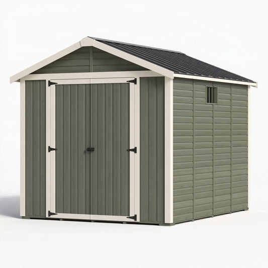 Casetta da giardino 240 x 180 x 210 cm in resina verde salvia con doppia porta e finestra