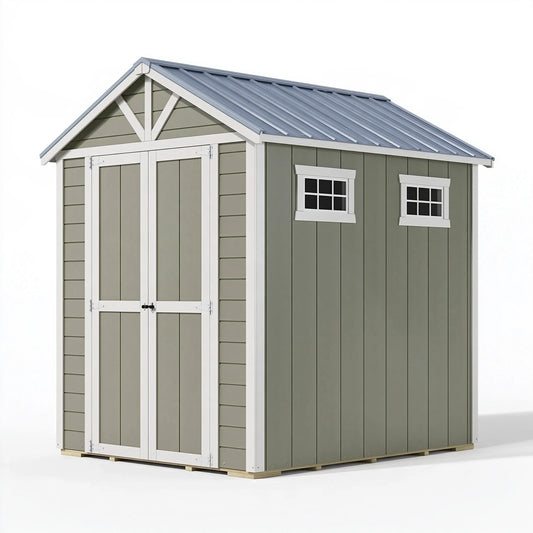 Casetta da giardino 240 x 180 x 220 cm in legno verde grigio con doppia porta e tetto a falde