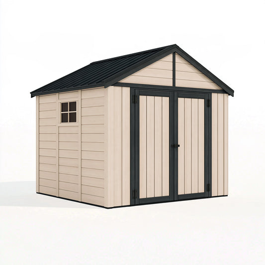 Casetta da giardino 240 x 180 x 220 cm in resina beige e antracite con doppia porta