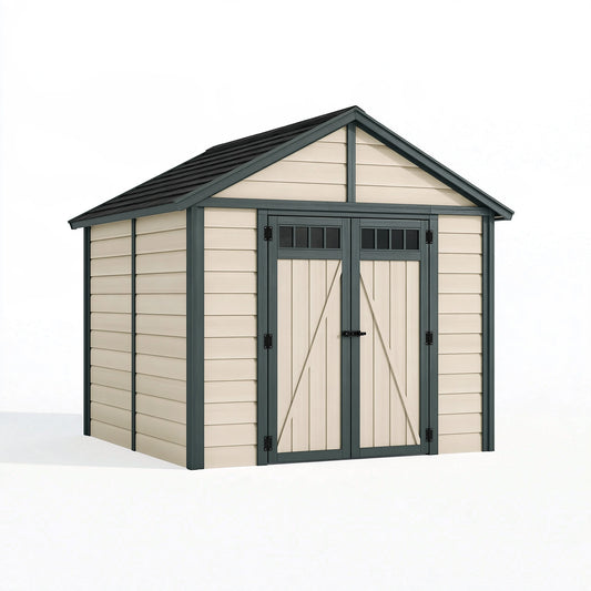 Casetta da giardino 240 x 180 x 220 cm in resina beige e grigio antracite con doppia porta